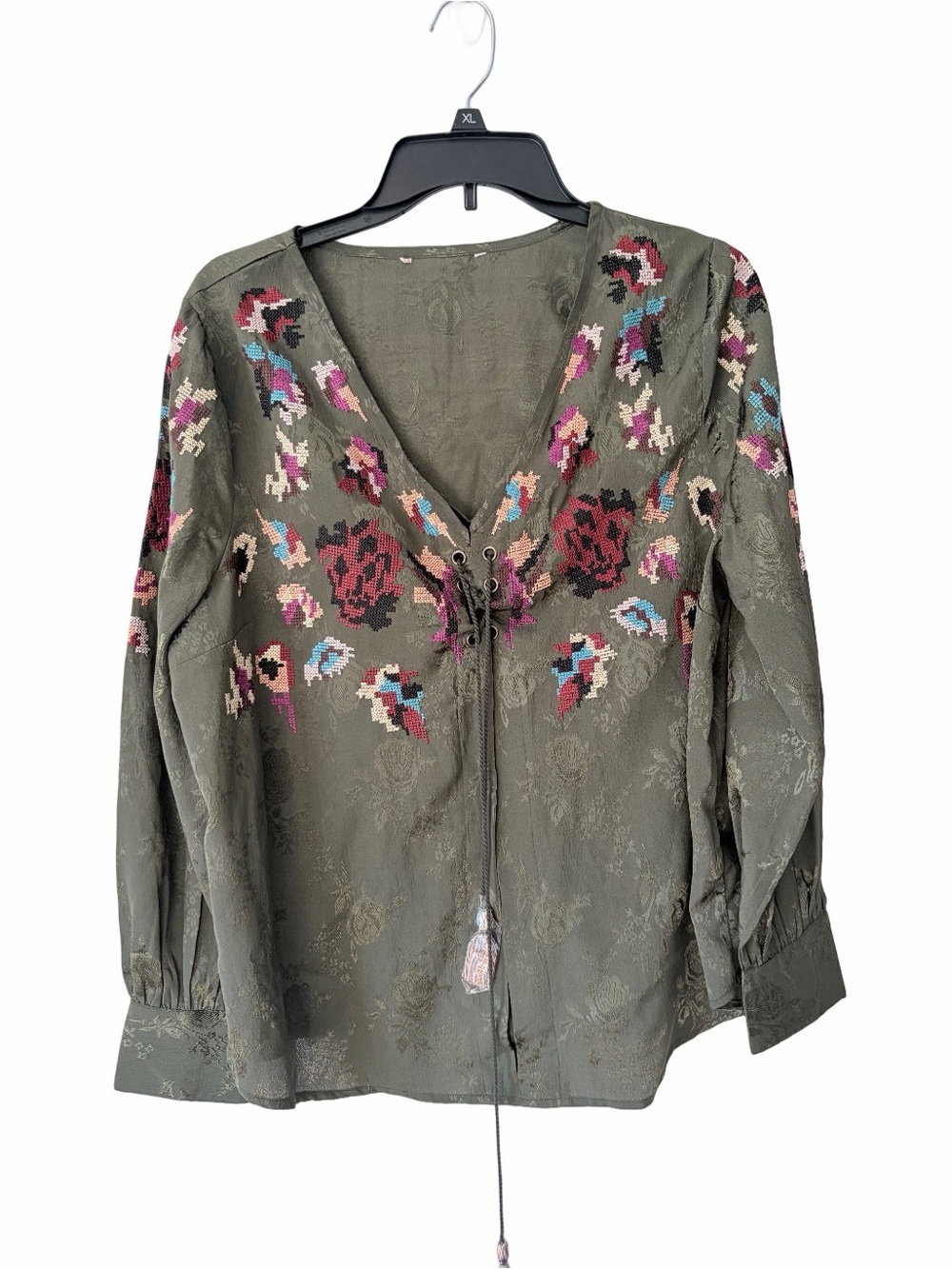Olive Green Embroidered Floral Tassel Blouse Bohemian Tunic size XL